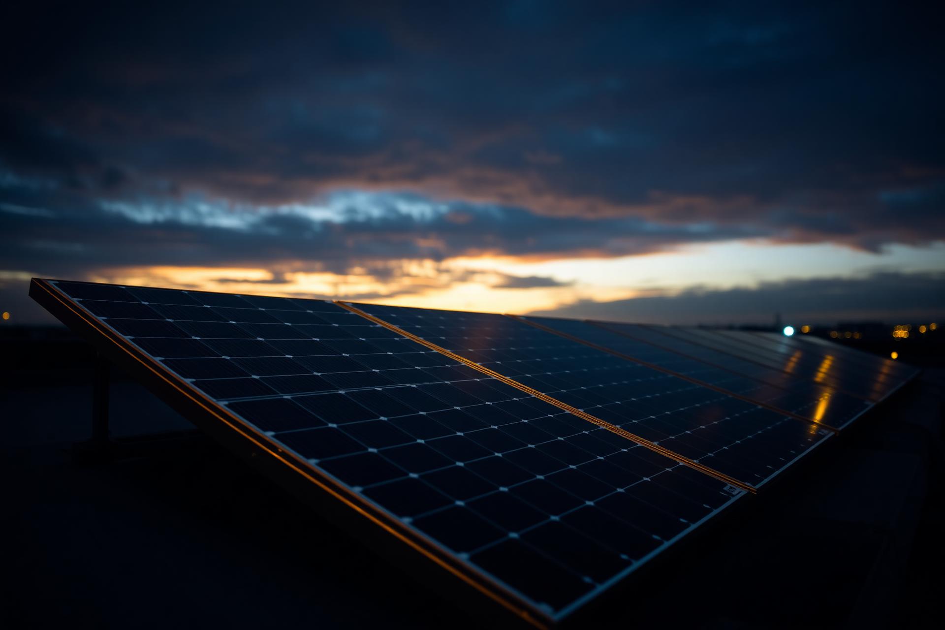 Solar panel array at dusk with warm gold lighting